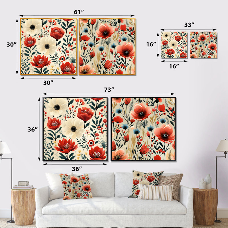 Homan - ensemble de 2 impressions sur toile florales, Toile tendue, H 16 po x l 33 po x P 1 po