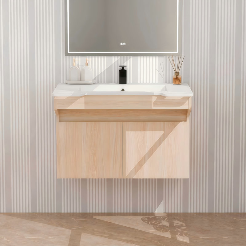 Meuble-lavabo simple 24 po avec lavabo en résine et poignées latérales ADA, chêne clair, Chêne clair, 24