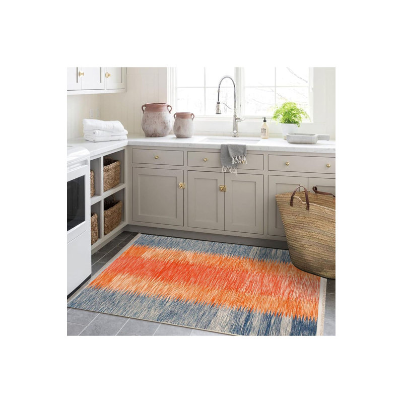 Tapis décoratif abstrait bleu lavable à la machine, Sous-tapis rectangulaire de 3 pi 3 po x 4 pi 11 po