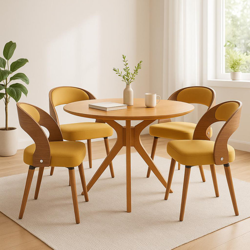 47.2-inch Round Wooden Dining Table with 4 Upholstered Chairs Set (Seats 4-6), Mid-Century Style Dining Table, Base-Style Dining Table Set Suitable for Kitchens and Dining Rooms