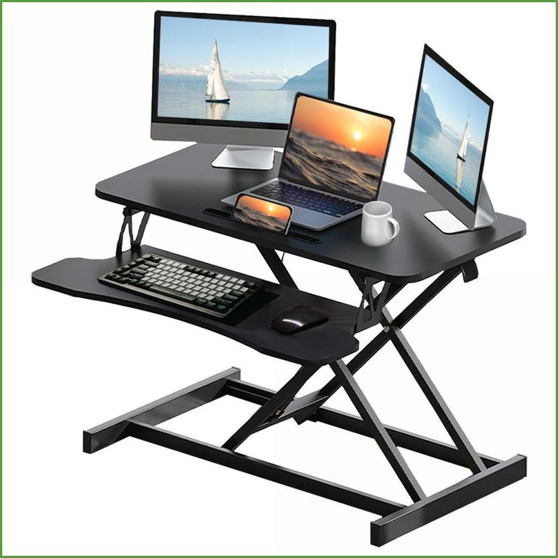 Bureau à hauteur réglable de 32 pouces, poste de travail assis-debout, poste de travail double moniteur avec plateau de clavier large | Noir | Bois aggloméré + métal