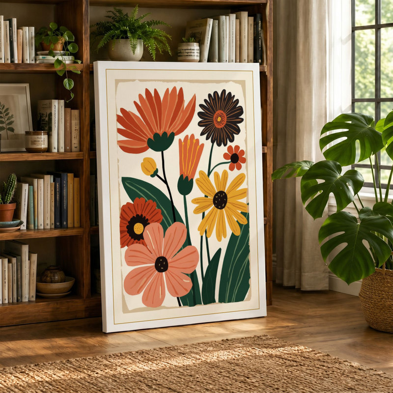Stylized Arrangement Botanical 1 Piece Wrapped Canvas Wall Art, 30x20 - 76.2 x 50.8 cm, Ochre Border