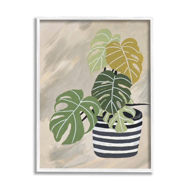" Contemporary Monstera Plant Still Life Black Stripe Planter " by Patricia Pinto, Coastal White Framed Giclee