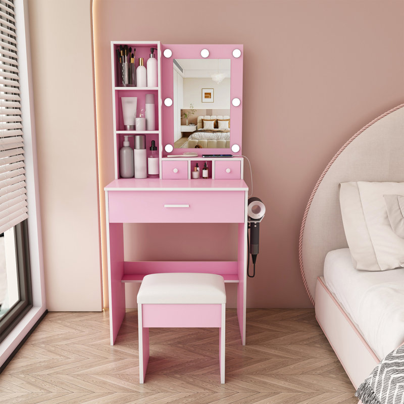 Table de coiffeuse avec miroir et lumières DEL réglables, prise de courant, support pour séchoir à cheveux et tabouret - coiffeuse compacte pour petites chambres (rose)