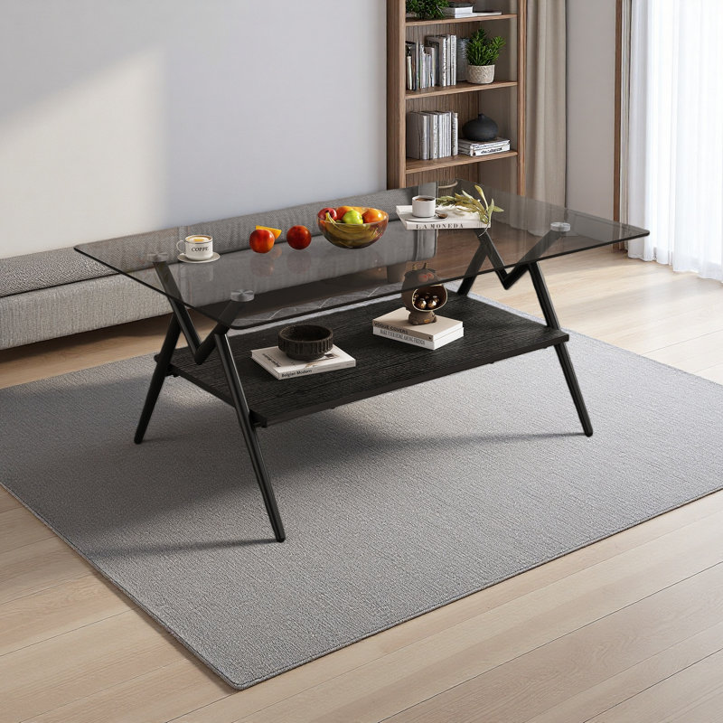 Table basse rectangulaire avec plateau en verre trempé et tablette en bois aggloméré, table moderne pour le salon, Noir, Noir