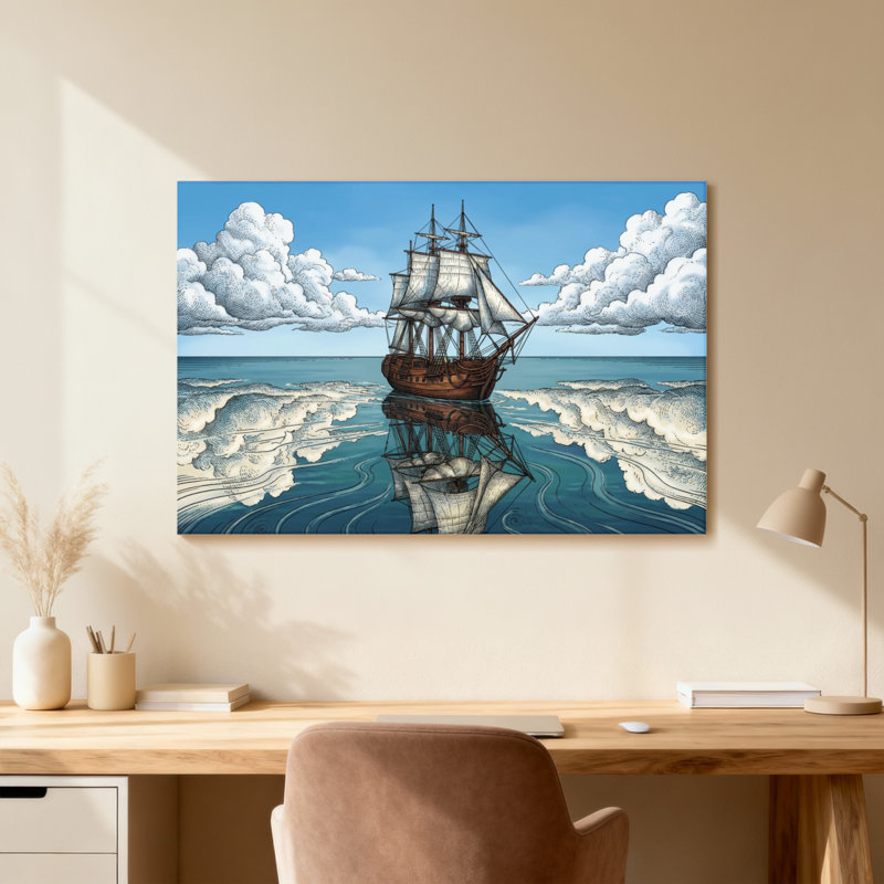 Voilier, reflet des nuages, impression de ciel océan, H 12 po x l 18 po, Grain de bois clair, Cadre photo unique