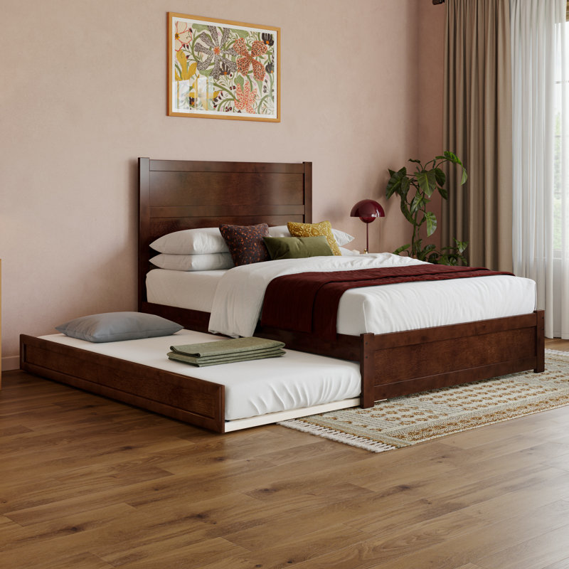 Lit plateforme en bois avec pied de lit et gigogne Aveline, Lit double, Noyer