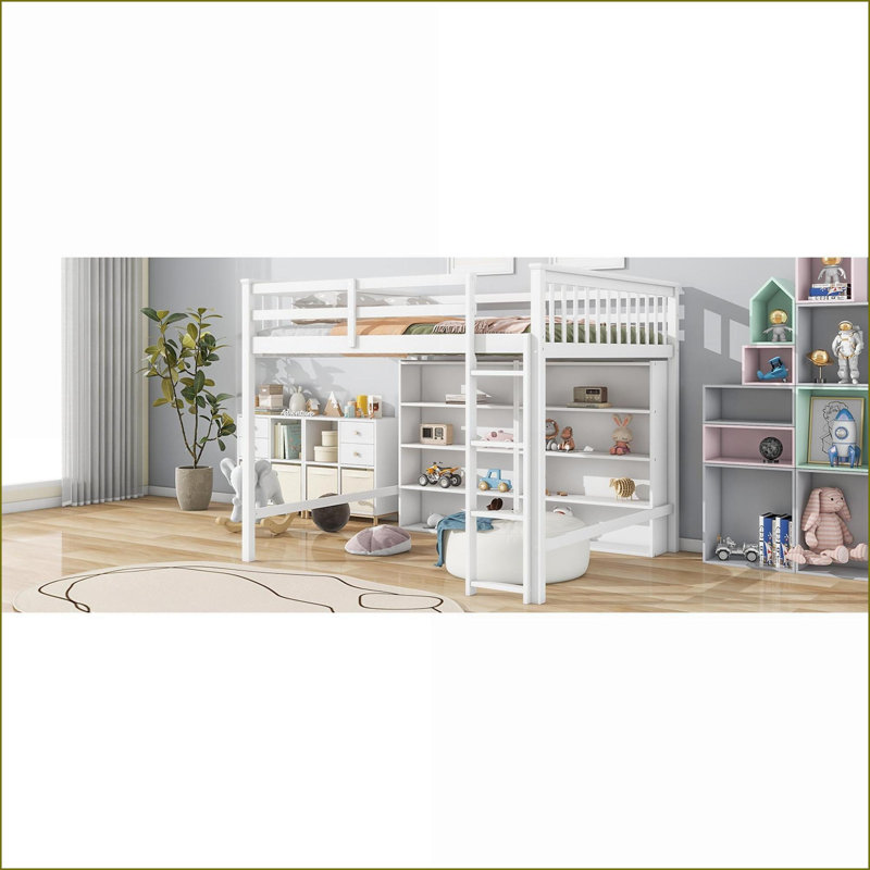 Full Size Pine Wood Loft Bed with 8 Storage Shelves &amp; Ladder, Antique White – No Box Spring Needed, White