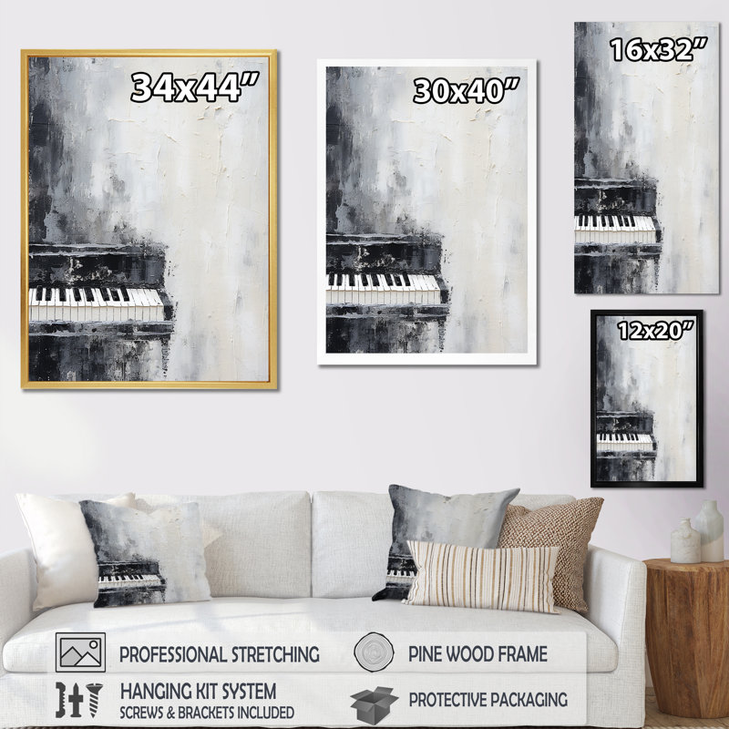 Minimalisme, piano, minuit, noir et blanc II, Cadre flottant noir, H 40 po x l 30 po x P 1,5 po
