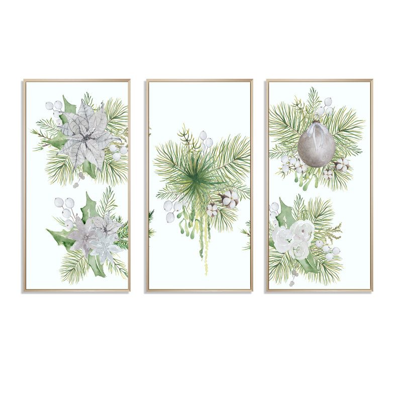 Bouquet de fleurs de Noël avec coton, branches III - reproduction de cadre flottant 3 pièces sur toile, Brun