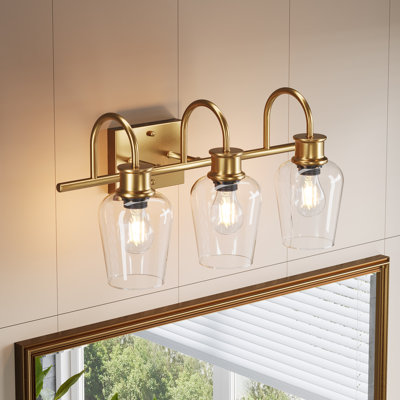 Applique murale 3 lumières pour salle de bain, applique murale pour salle de bain avec miroir et abat-jour en verre transparent (base E26)