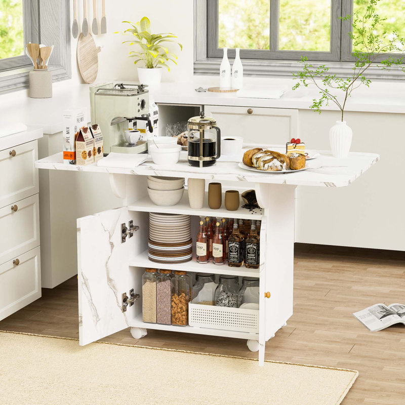 47" Wood Folding Dining Table With Storage Rack And Cabinet,Removable Entryway Table With 6 Wheels,Marble Kitchen Island,Side Table And Coffee Table Versatile Table Space Saving