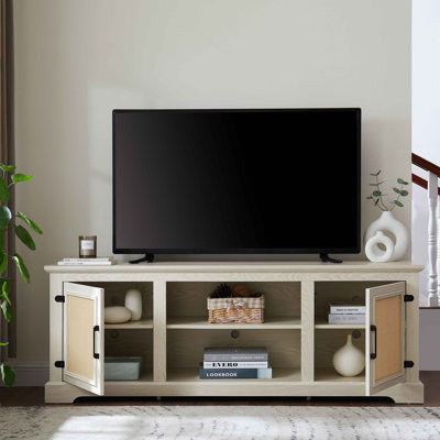 Farmhouse Rattan TV Stand Console Table For Tvs Up To 70 Inches, TV Console Table With 2 Storage Shelves, 2 Natural Rattan Door Cabinets