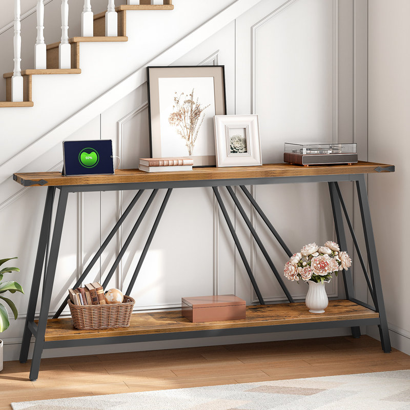 Console pour table d'entrée avec station de charge, H 31,5 po x l 70,9 po x P 11,8 po, Brun