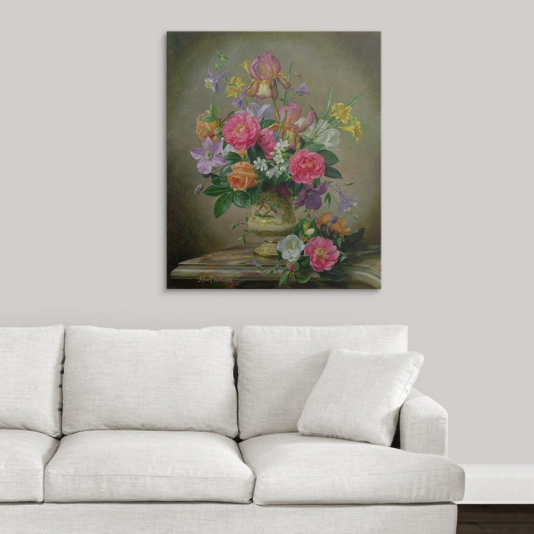 Alexica, pivoines et iris dans un vase en céramique, reproduction de peinture à l'huile, H 48 po x l 38 po x P 1,5 po, Toile