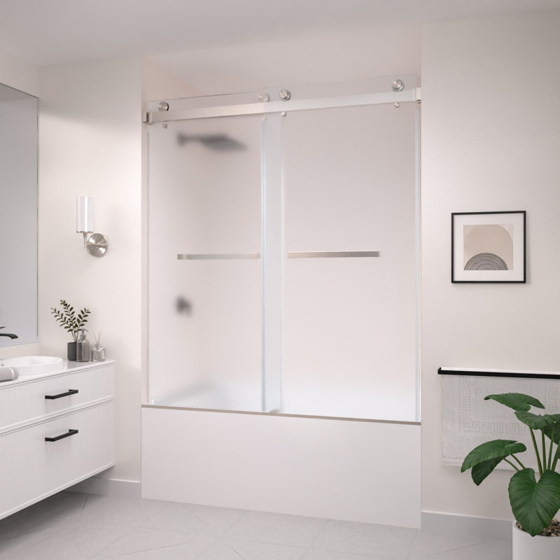 Porte de douche/baignoire coulissante double sans cadre CatalystAE 56" - 60" L x 66" H avec verre dépoli, Chrome poli