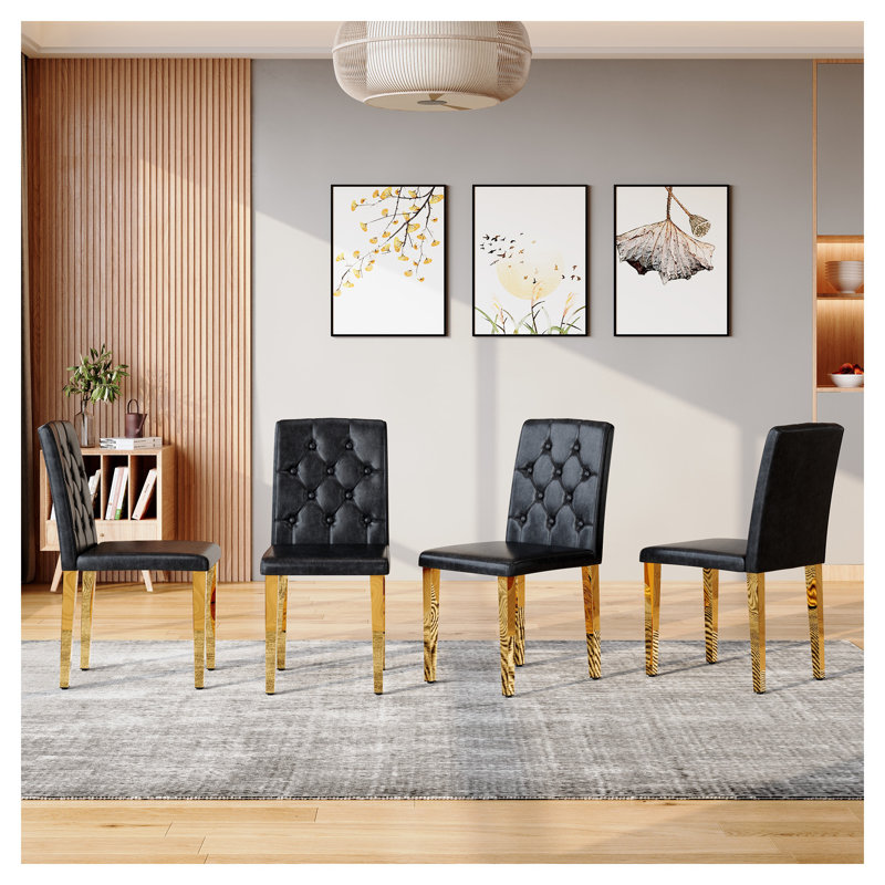 Ensemble de 4 chaises de salle à manger modernes avec revêtement en polyuréthane et structure en métal, noir et or