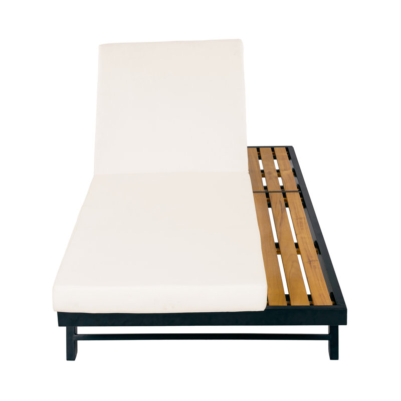 Tyvorn 76.75'' Long Modern Minimalist Outdoor Acacia Wood Accent Chaise Lounge with Iron Frame, Adjustable Backrest & Water-Repellent Cushions for Patio, Poolside, Backyard