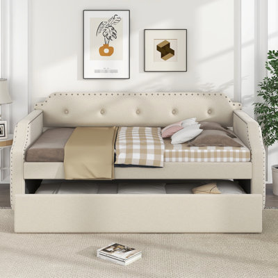 Upholstered Daybed With Trundle, Beige For Bedroom Use Twin Trundle And