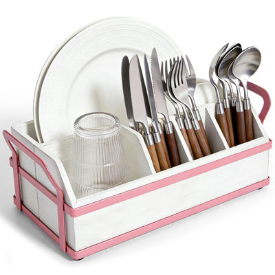 Grand porte-ustensiles de cuisine, organisateur d'ustensiles en bois à 6 compartiments, blanc