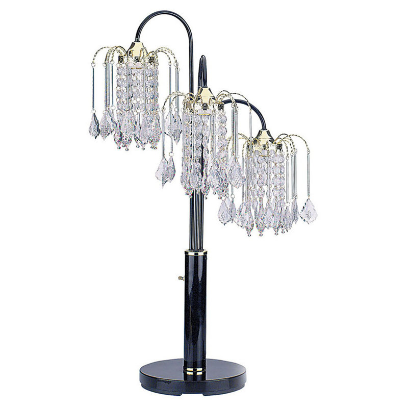 Lampe de table 34 po en métal avec finition noire, 3 lustres en cristal
