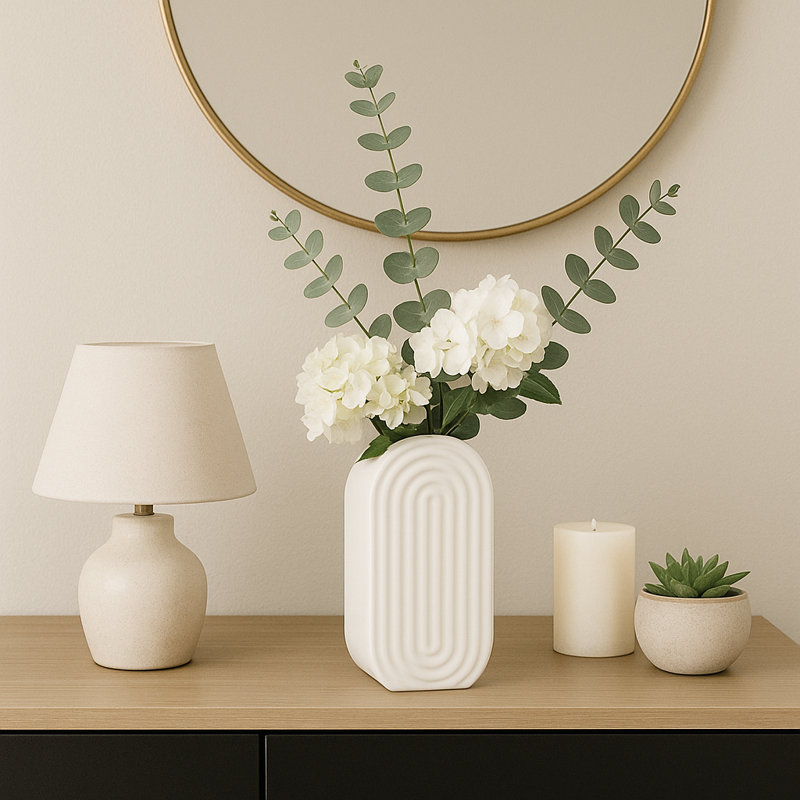 Decorative Textured Ceramic Table Vase for Living Room Accent - Modern Oval Flower Vase for Office Display and Home Decor