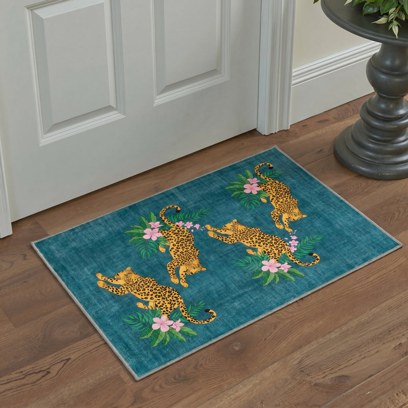 Tapis d'intérieur bleu / vert lavable à la machine avec envers antidérapant Abraham Tropique, Rectangle 6 pi x 9 pi