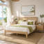 Ensemble de chambre à coucher 3 pièces, lit en bois massif avec tête de lit en rotin et 2 tablettes de rangement ouvertes