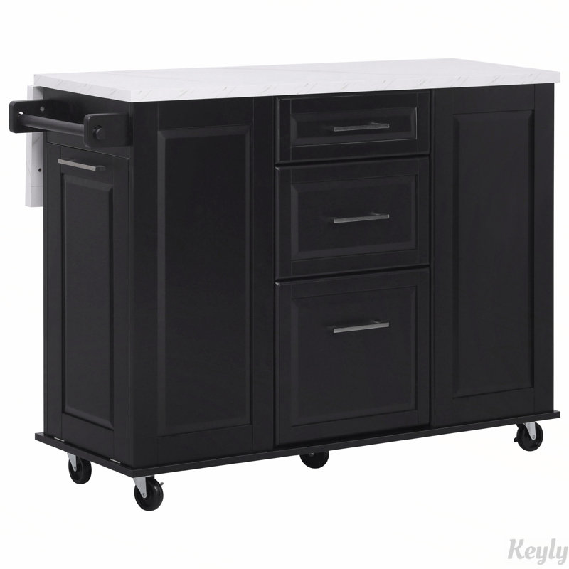 Îlot de cuisine roulant sur 5 roulettes avec armoire à poubelle inclinable et abattant, Noir