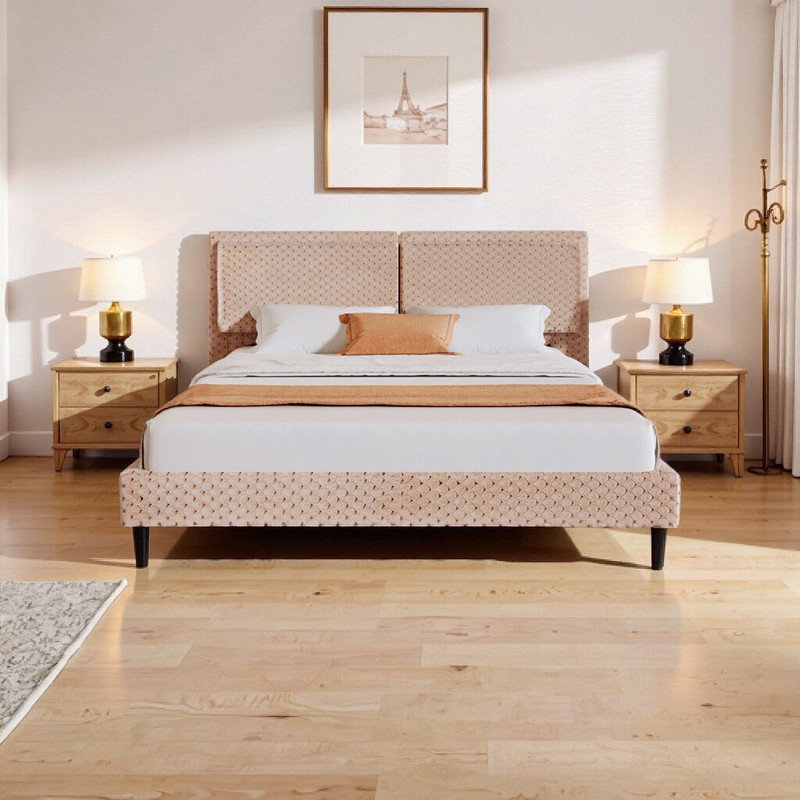 Cadre de lit plateforme grand rembourré avec dossier confortable, Brun, Grand lit