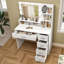 Bureau de meuble-lavabo avec miroir et lumières, meuble-lavabo de maquillage avec 5 tiroirs et 3 tablettes de rangement, 3 modes de couleurs et une coiffeuse à luminosité réglable, bureau de coiffeuse pour la chambre à coucher-898936786