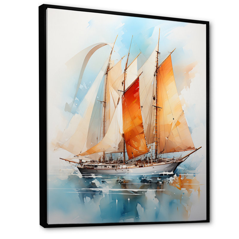 Voilier aquarelle et voiles - Décoration murale nautique et plage, L 16 po x H 32 po, Cadre flottant noir