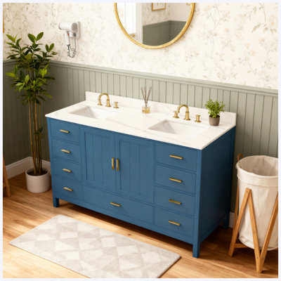 Meuble-lavabo double 60 po en bois massif bleu 60 po avec 2 lavabos, comptoir en quartz avec 6 trous de robinet, 2 portes doubles à fermeture en douceur, 7 tiroirs et 2 compartiments rabattables