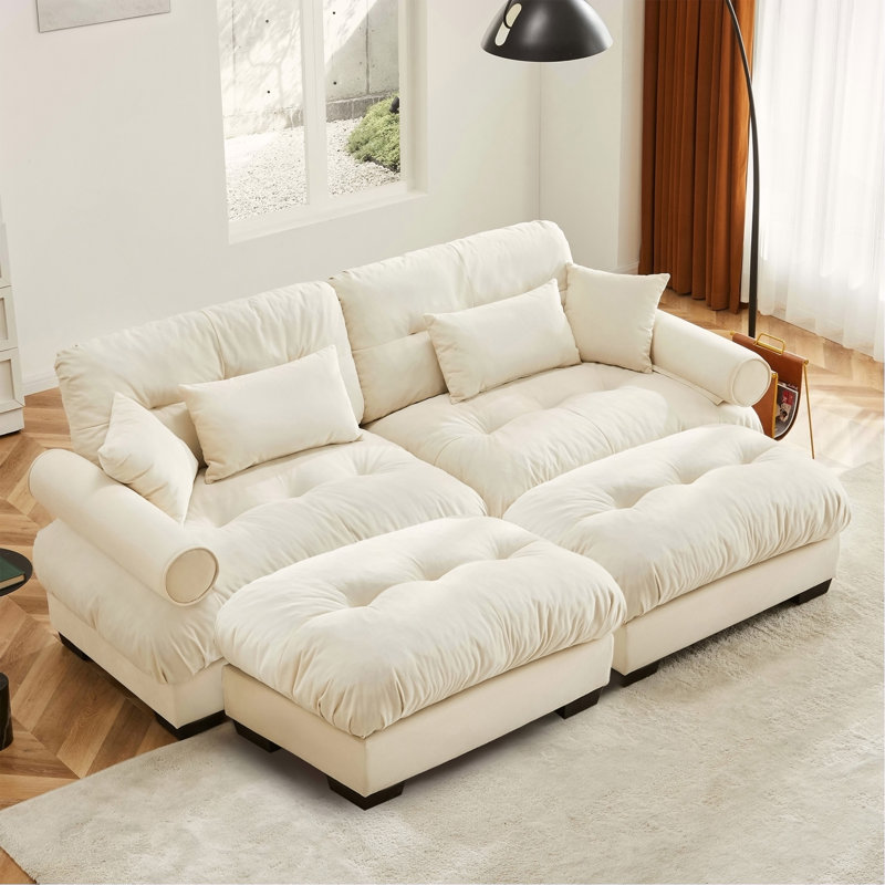 Canapé moderne à 2 places avec 2 repose-pieds et coussins, Crème