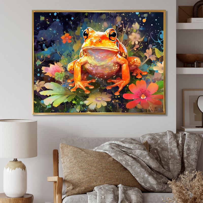 «Leaping Frogs Amphibians I», art mural grenouille, H 34 po x l 44 po x P 1,5 po, Cadre flottant doré