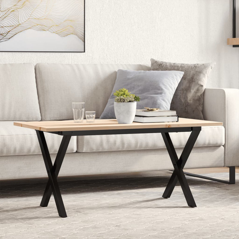 Coffee Table X-Frame Solid Wood Pine And Steel, 45cm H x 100cm W x 50cm D