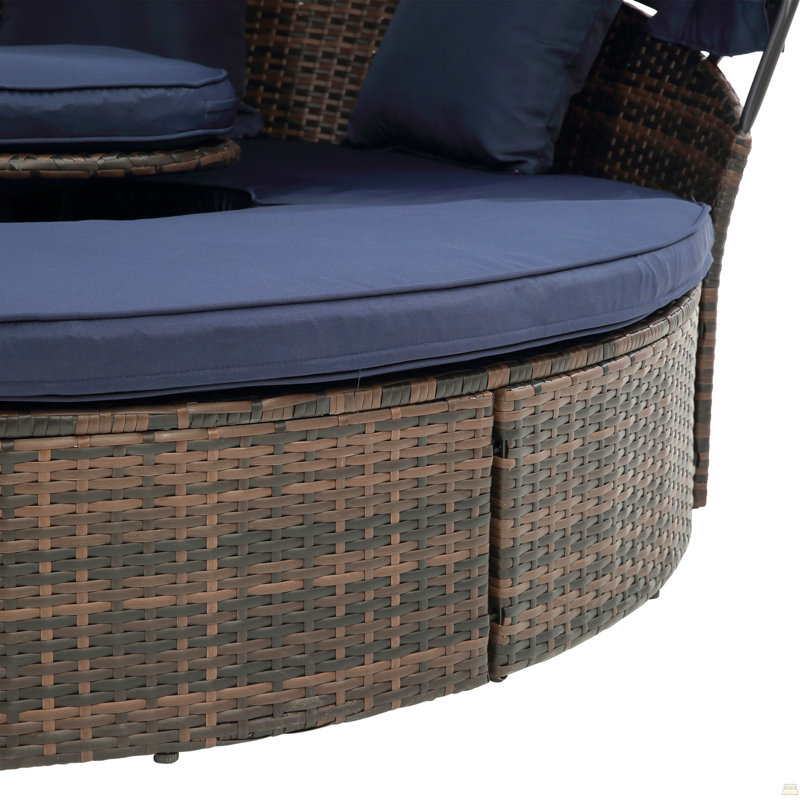 Rattan Round Lounge With Canopy Bali Canopy Bed Outdoor, Wicker Outdoor Sofa Bed, Navy Blue