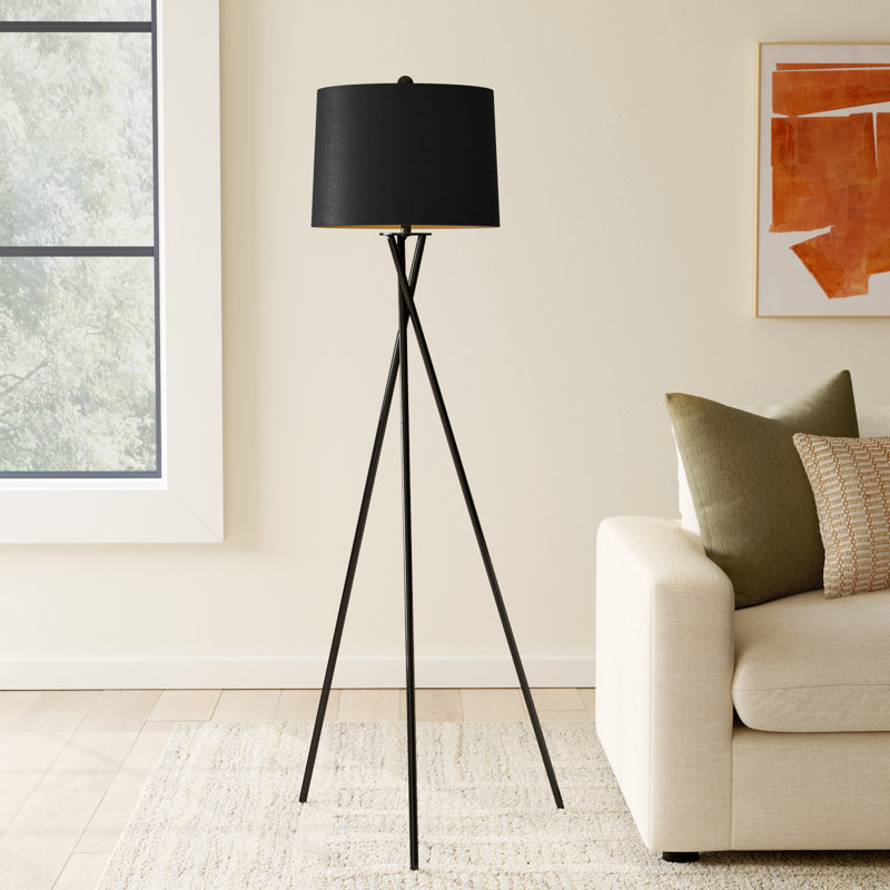 Sleek Tripod 61.5'' Black Floor Lamp with Cotton Shade