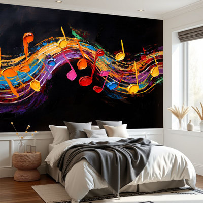 Wall Mural Peel and Stick Wallpaper Music Modern Musical Note Beautiful Notes Colorful Waves Dark Vibrant Self-Adhesive Removable Contact Paper Wall Decor for Living Room Bedroom 69"H x 96"W