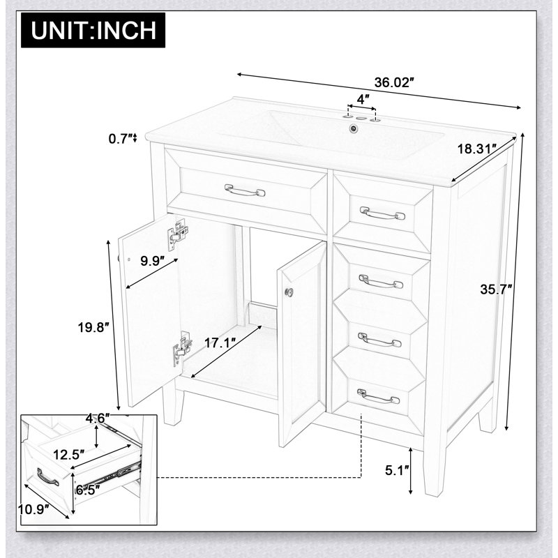 Meuble-lavabo gris de 36 pouces avec lavabo, structure solide, panneau de fibres à densité moyenne et grand espace de rangement pour les salles de bain modernes