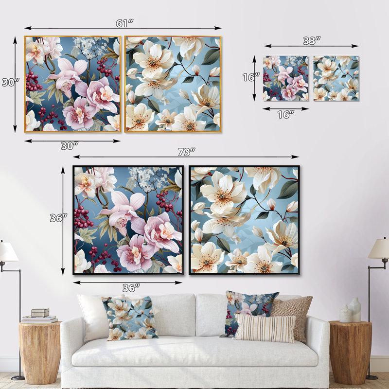 Florian - Ensemble de 2 collages floraux carrés, Cadre flottant noir, H 36 po x l 73 po