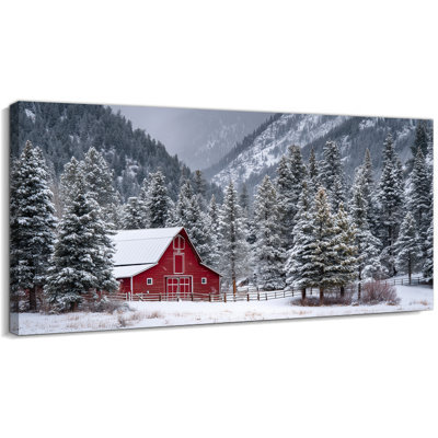 Winter Scene Canvas Wall Art Christmas Red Barn Snowy Pine Trees Mountain Landscape Painting Modern Nature Wilderness Picture Prints for Living Room Bedroom Holiday Home Office Decor, 12×24 Inches