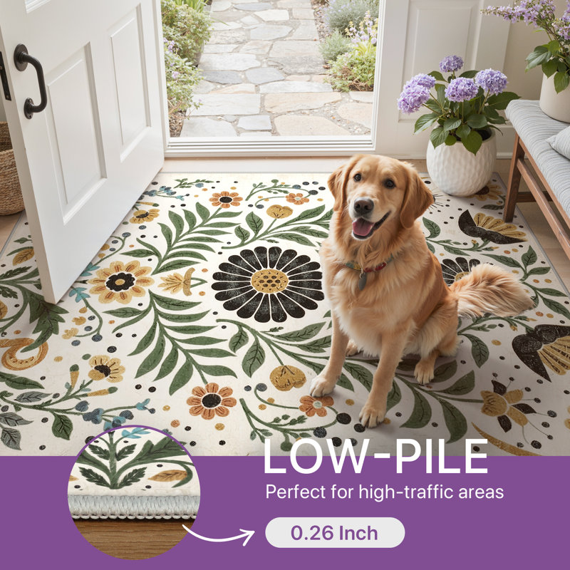Clermont Vintage Boho Floral Sage Ochre Machine Washable Area Rug, Round 5', Beige / Sage Green