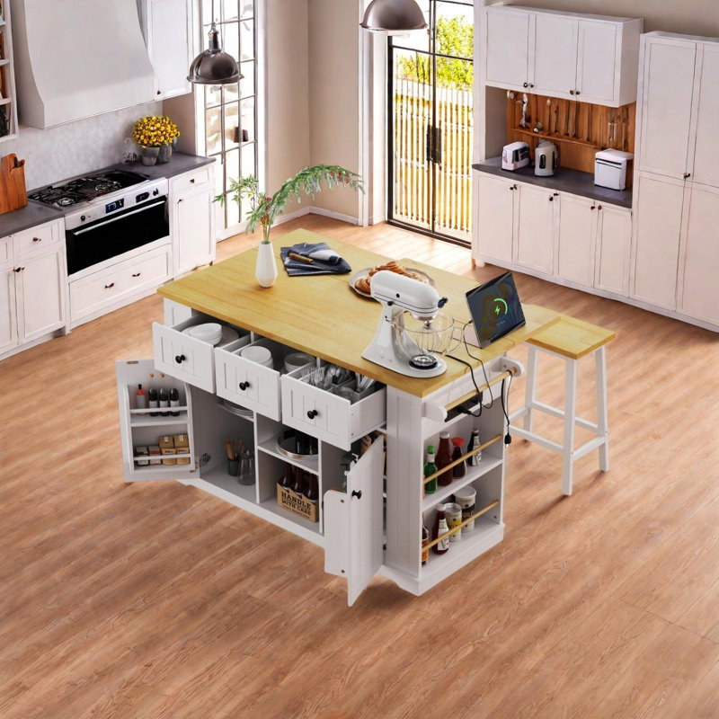 Grand ensemble d'îlot de cuisine de 53 pouces avec tabourets de bar et prise de courant, Blanc