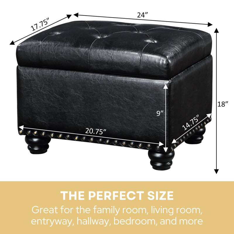 Frontenac 24" Wide Faux Leather Tufted Rectangle Storage Ottoman, Black Faux Leather