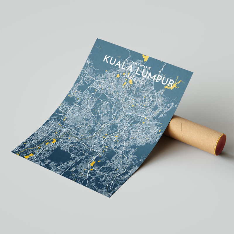«Kuala Lumpur City Map», impression de luxe, H 24 po x l 18 po, Bleu / Jaune