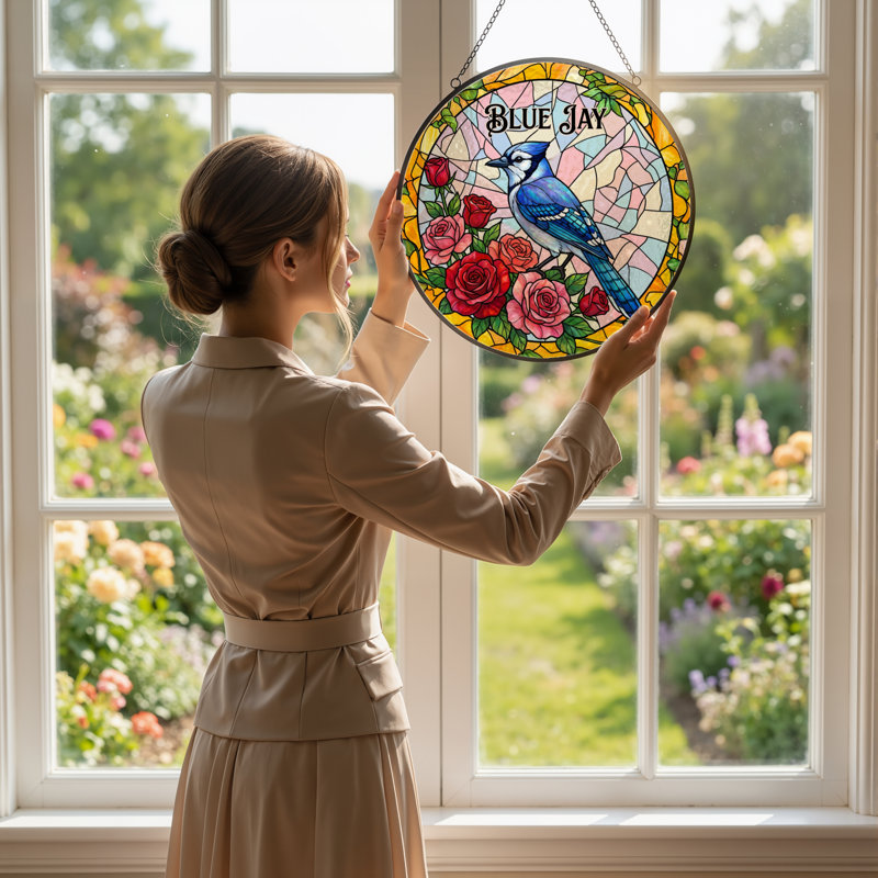 Panneau de vitrail en verre coloré 7,8 "H Jay, H 7,8 po x l 7,8 po
