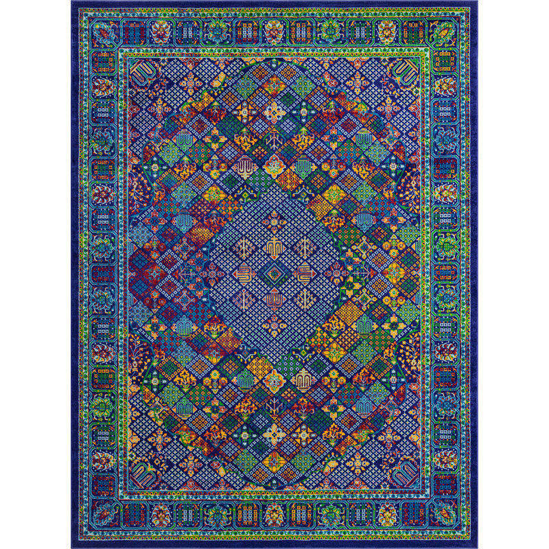 Oval Oriental Navy/Blue/Yellow Area Rug, Rectangle 9' x 12'