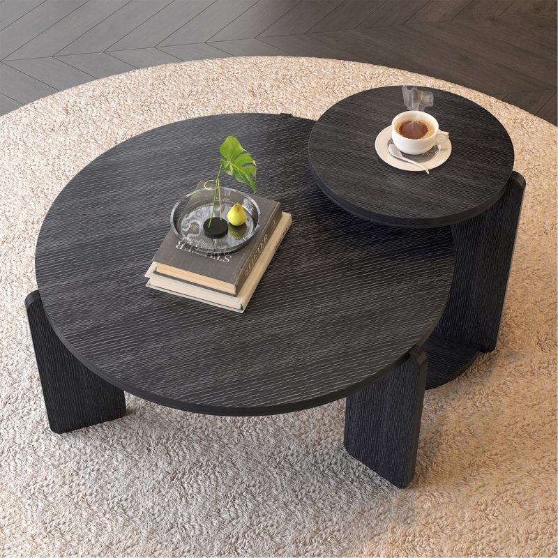 Ensemble de 2 tables basses gigognes rondes en bois de 32,68 pouces et 83 cm de diamètre avec 2 tables de bout, plateau en placage de chêne noir résistant à l'eau et ensemble de tables d'appoint en polyuréthane résistant à l'usure pour le salon, la salle d'étude