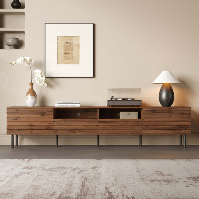 Meuble télé moderne de 78 pouces pour téléviseur de 85 po ou moins, meuble audio-vidéo avec rangement fermé, gestion des câbles et charnières à fermeture douce, pieds en fer pour le salon